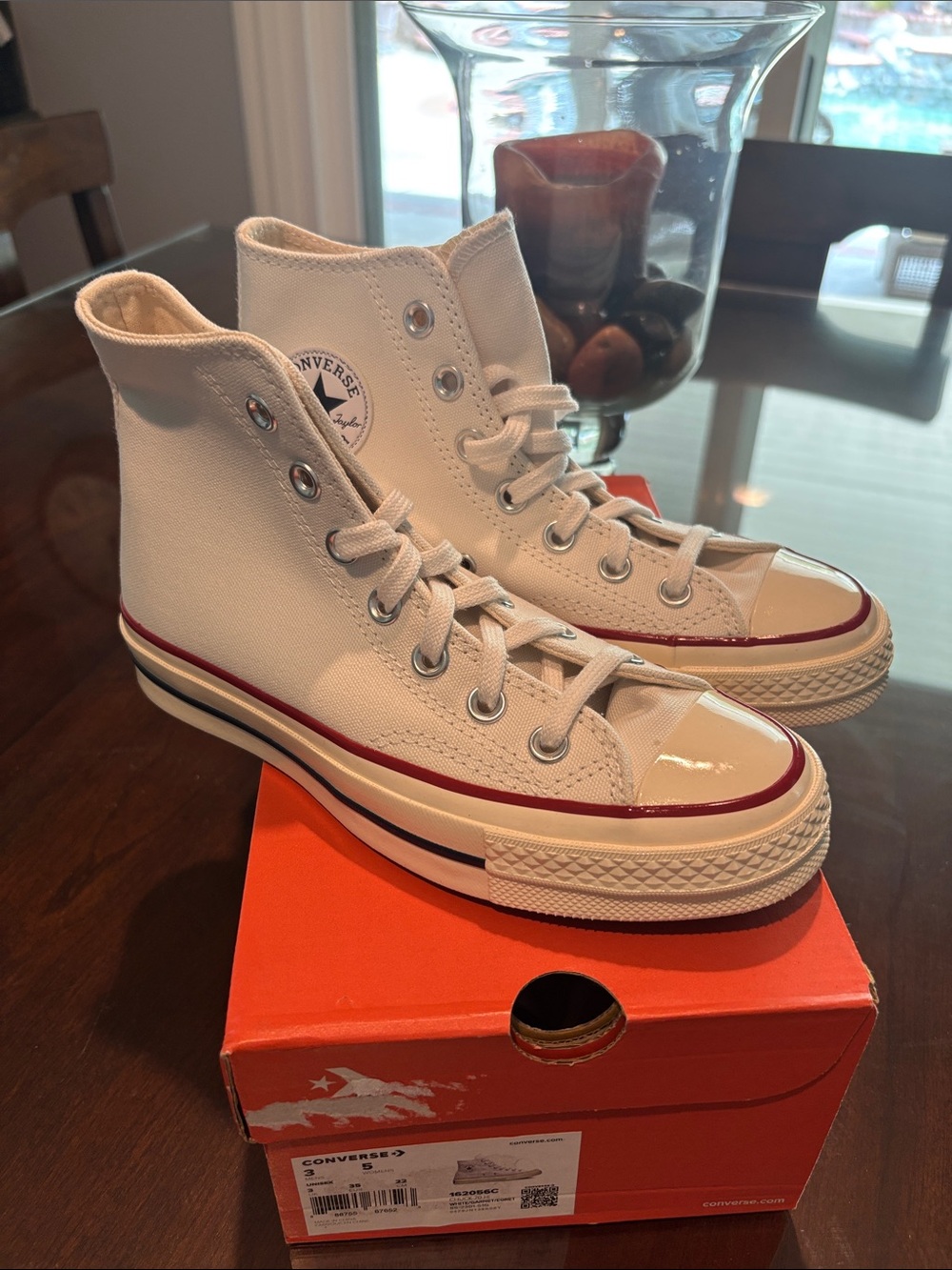 Converse Chuck Taylor White High Top Kids Sneakers with Red Stripe